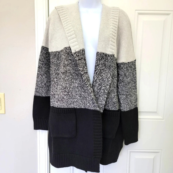 Tahari Chunky Knit Heavy Open Cardigan Hooded Gray Black Cream Colorblock Size M - Picture 1 of 8